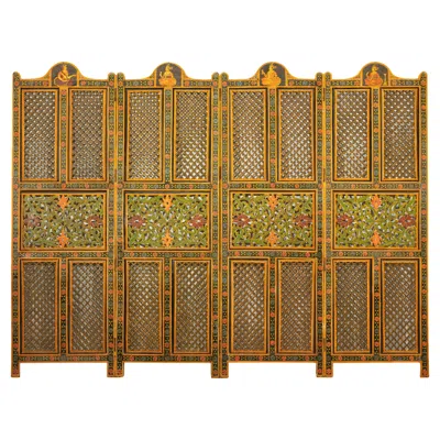 Pre-owned 1stdibs Mid-century Indian Fretwork Screen With Hand-painted Details And Bold Colors In Brown