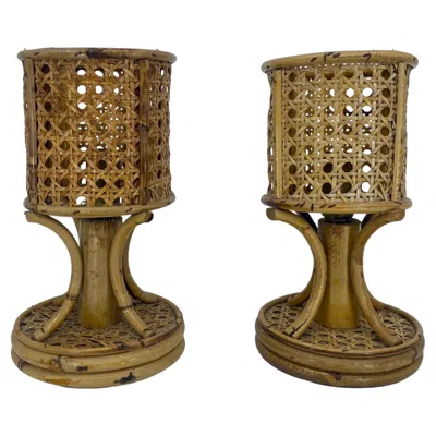 Pre-owned 1stdibs Mid-century Italian Woven Rattan Table Lamps In Brown