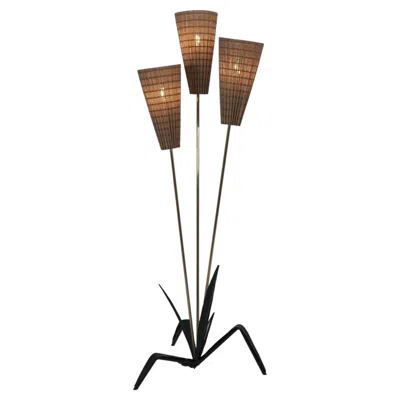 Pre-owned 1stdibs Mid-century Modern Floral Floor Lamp In Black, Brass & Rattan, Finland 1950s In Brown