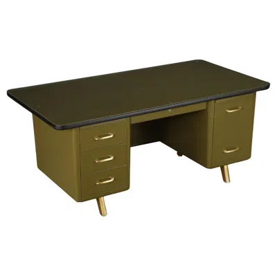 Pre-owned 1stdibs Mid-century Modern Steel Tanker Desk In Olive Green W Glass Top And Brass, 1960s