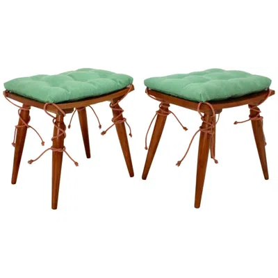Pre-owned 1stdibs Mid-century Modern Vintage Cherrywood Stools With Green Cushions, Vienna, 1950s