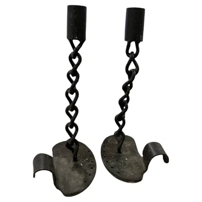 Pre-owned 1stdibs Mid-century Pair Of Black Iron Candlesticks