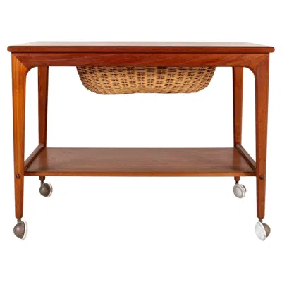 Pre-owned 1stdibs Mid-century Teak Sewing Table Or Bar Cart With Slide Out Basket In Brown