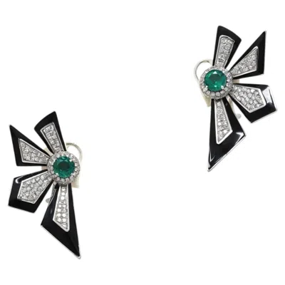 Pre-owned 1stdibs Modern Emerald, Diamond And Black Enamel Earrings In 18 Karat White Gold