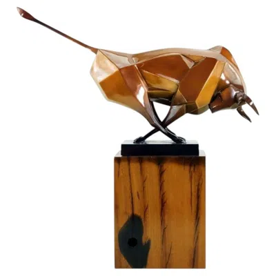 Pre-owned 1stdibs Modern Golden Bronze Bull Sculpture On Wooden Base In Brown