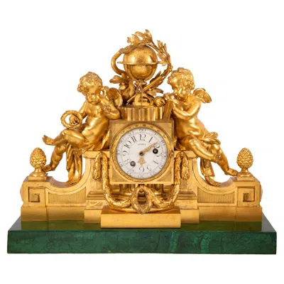 Pre-owned 1stdibs Monumental Signed Louis Xvi Malachite And Ormolu Mantel Clock, Late 18th Century In Brown