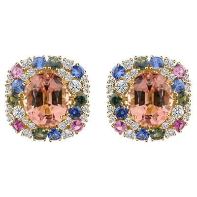 Pre-owned 1stdibs Multi Tourmaline Diamond Halo Stud Earrings Statement Design 18k Yellow Gold