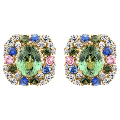 Pre-owned 1stdibs Multi Tourmaline Diamond Halo Stud Earrings Statement Design 18k Yellow Gold