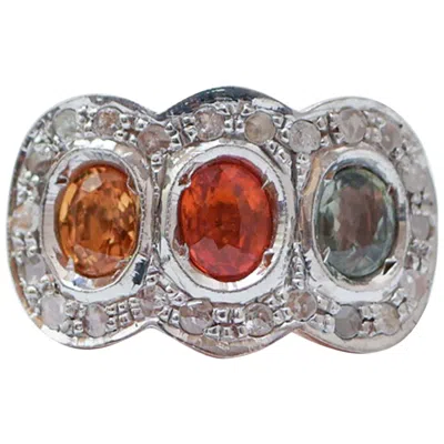 Pre-owned 1stdibs Multicolor Sapphires, Diamonds, Rose Gold And Silver Ring. In Red