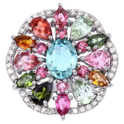 Pre-owned 1stdibs Multicolor Tourmaline Ring With Diamonds 5.1 Carats Sterling Silver