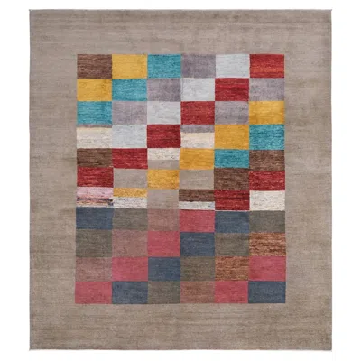 Pre-owned 1stdibs Multicolored Tile Design Modern Rug, Handmade Wool Contemporary Area Rug, 8x9 In Brown