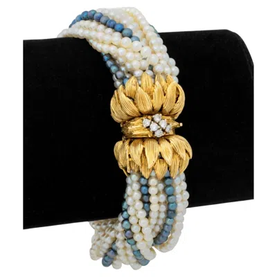 Pre-owned 1stdibs Multi-strand Cultured Pearl Bracelet With 18k Gold Diamond Clasp