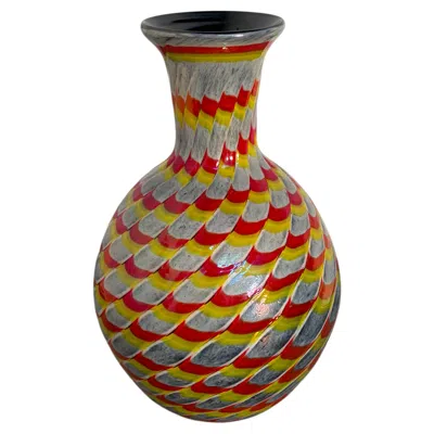 Pre-owned 1stdibs Murano Art Glass Vase With Red, Yellow, And White Spiral Design