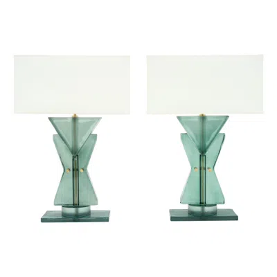 Pre-owned 1stdibs Murano Glass Teal Geometric Table Lamps, Modern Design, Italy, New In Green
