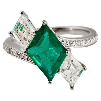 Pre-owned 1stdibs Natural 1.66cts Zambian Emerald & 0.13cts Diamond Ring In 18k Gold In Green