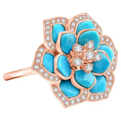 Pre-owned 1stdibs Natural 2.14 Ct Turquoise 0.44 Ct Diamond Floral Cocktail Ring In 18k Rose Gold In Red