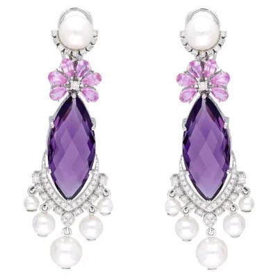 Pre-owned 1stdibs Natural 2.54cts Amethyst, 23.16cts Sapphire & 22.53cts Pearl Earring In 18k Gold In Purple
