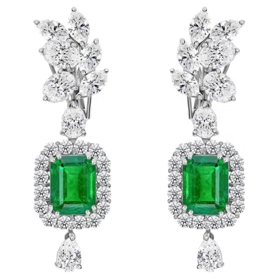 Pre-owned 1stdibs Natural 6.69 Ct Zambian Emerald 7.80 Ct Diamond Drop Earrings 18k White Gold