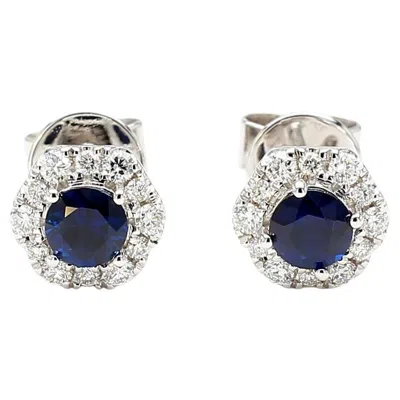 Pre-owned 1stdibs Natural Blue Round Sapphire And Diamond 0.97 Carat Tw Gold Stud Earrings