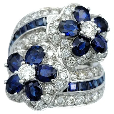 Pre-owned 1stdibs Natural Blue Sapphire & Diamond Flower Bypass Cocktail Ring 18 Karat White Gold
