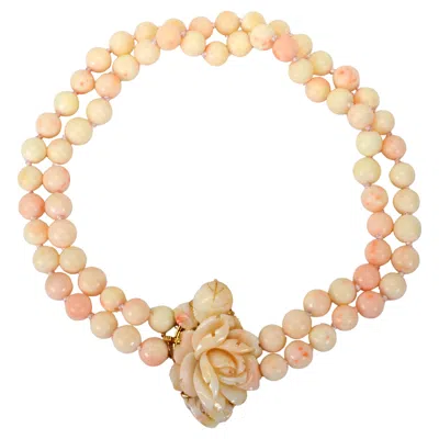 Pre-owned 1stdibs Natural Blush Coral Bead Necklace W Carved Rose Bud 14 Karat Yellow Gold Clasp