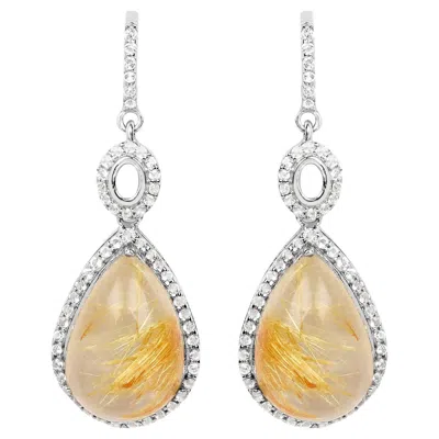 Pre-owned 1stdibs Natural Cabochon Golden Rutile Quartz Dangle Earrings Set With Topaz In Multi