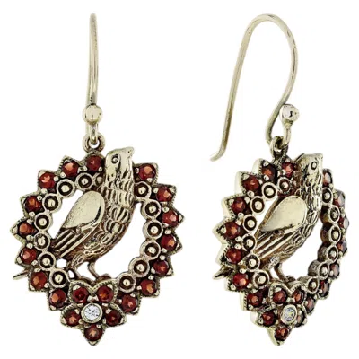 Pre-owned 1stdibs Natural Garnet Diamond Bird Openwork Drop Earrings In 9k Yellow Gold