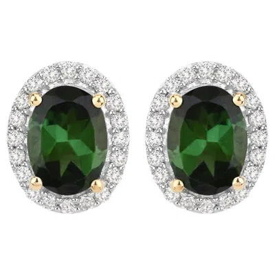 Pre-owned 1stdibs Natural Green Tourmaline And Diamond Halo Earrings 2 Carats 14k Yellow Gold