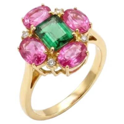 Pre-owned 1stdibs Natural Green Tourmaline, Diamond, & Pink Sapphire Ring In 18k Gold