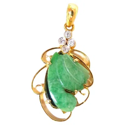 Pre-owned 1stdibs Natural Jade Carved Diamond Pendant 18kt .07ct In Green
