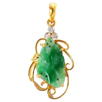 Pre-owned 1stdibs Natural Jade Carved Diamond Pendant 18kt In Green