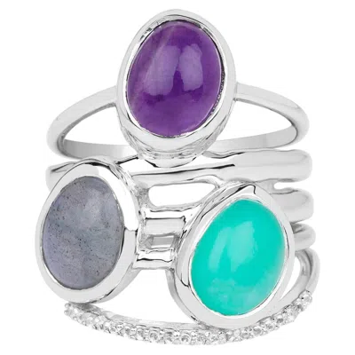 Pre-owned 1stdibs Natural Mixed Gemstones Ring 4.48 Carats Sterling Silver In Multi