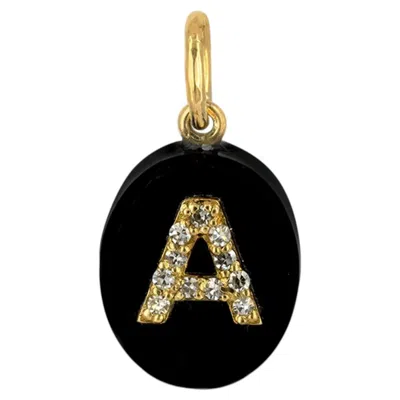 Pre-owned 1stdibs Natural Onyx Gemstone Charm Solid 14k Gold A Initial Genuine Diamond Pendant In Black