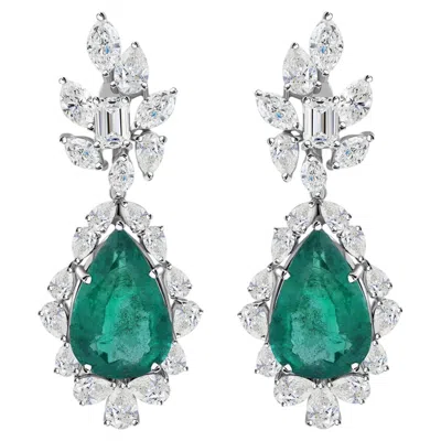 Pre-owned 1stdibs Natural Pear Cut Zambian Emerald Diamond Drop Earrings Handmade 18k White Gold