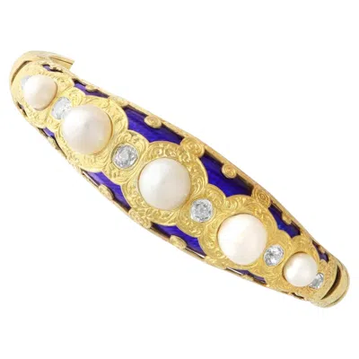 Pre-owned 1stdibs Natural Pearl And 0.64 Carat Diamond Enamel 20k Yellow Gold Bangle Circa 1865