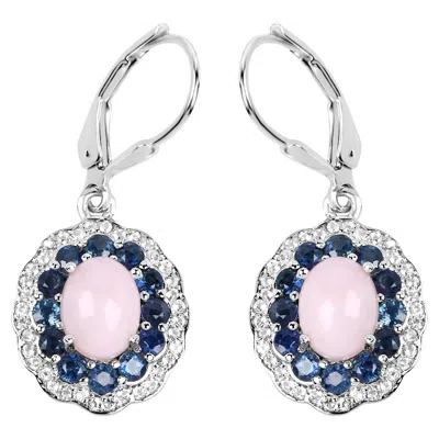 Pre-owned 1stdibs Natural Pink Opal & Blue Sapphire Dangle Earrings Rhodium Plated Silver