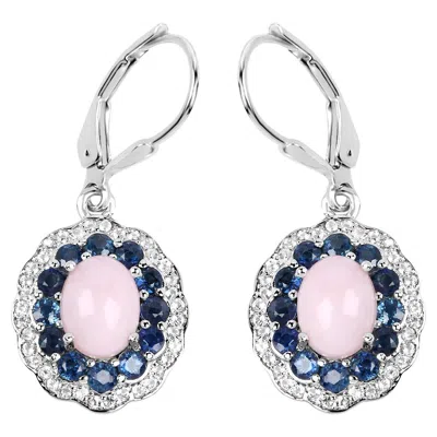 Pre-owned 1stdibs Natural Pink Opal & Blue Sapphire Dangle Earrings Rhodium Plated Silver