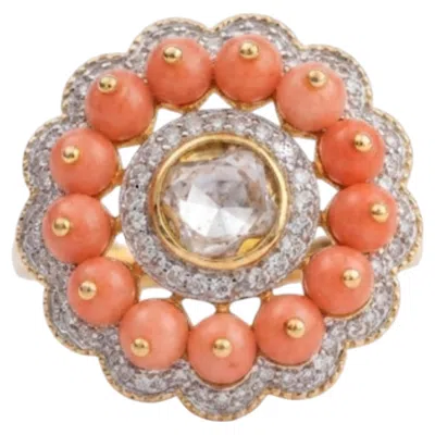 Pre-owned 1stdibs Natural Polki, Coral, & Diamond Ring In 18k Gold In Multi