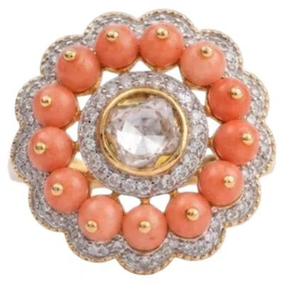Pre-owned 1stdibs Natural Polki, Coral, & Diamond Ring In 18k Gold In Multi
