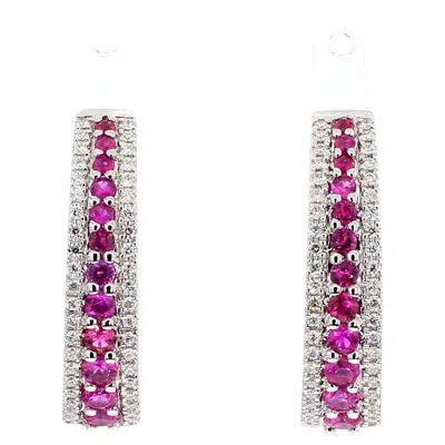 Pre-owned 1stdibs Natural Red Round Ruby And White Diamond 1.26 Carat Tw White Gold Hoop Earrings