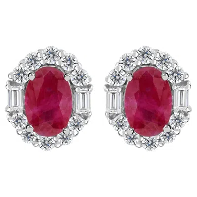 Pre-owned 1stdibs Natural Ruby Diamond Halo Earrings With Baguette Accents 18k Gold Fine Jewelry In Multi