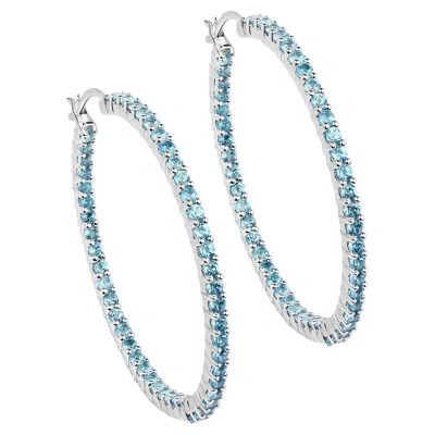 Pre-owned 1stdibs Natural Swiss Blue Topaz Hoop Earrings Total 3.60 Carats Rhodium Plated Silver