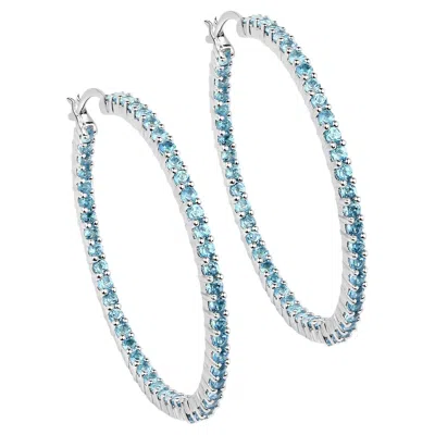 Pre-owned 1stdibs Natural Swiss Blue Topaz Hoop Earrings Total 3.60 Carats Rhodium Plated Silver