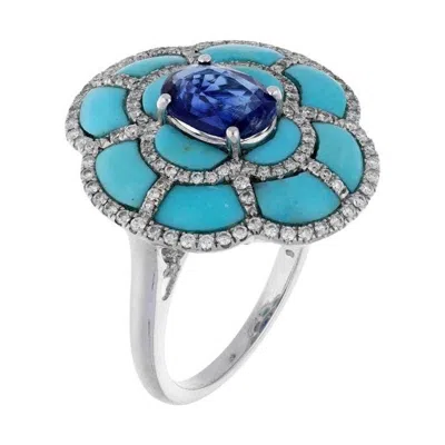 Pre-owned 1stdibs Natural Turquoise 1.57cts, Tanzanite 1.33cts & Diamond 0.49cts Ring In 18k Gold In Multi