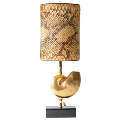 Pre-owned 1stdibs Nautilus Brass Table Lamp, Custom Made Snake Skin Pattern Lampshade By R. Houben In Brown
