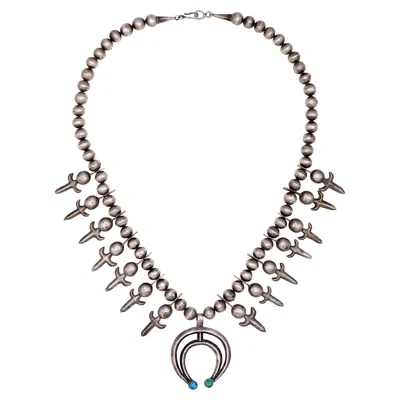 Pre-owned 1stdibs Navajo Turquoise And Sterling Silver Squash Blossom Necklace Circa 1940 In Multi