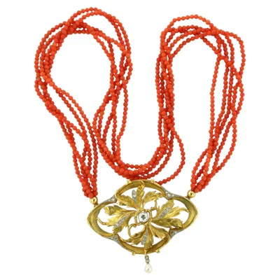 Pre-owned 1stdibs Necklace With Coral Beads And Diamonds Up To 0.55ct 18k Gold 26.6 Grams In Red