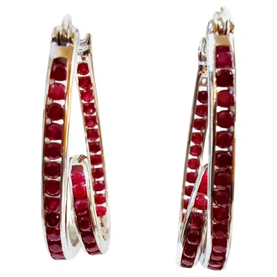 Pre-owned 1stdibs New 1.05 Carat Myanmar Ruby 14k White Gold Pl Swirled Hoop Sterling Earrings