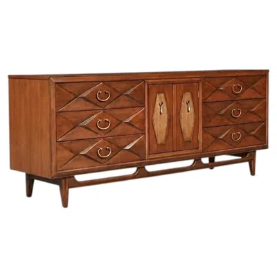 Pre-owned 1stdibs Newly Refinished - Mid-century Modern Sculpted Dresser W/ Cane & Brass Accents In Brown