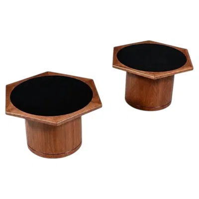 Pre-owned 1stdibs Newly Refinished - Pair Of Mid-century Modern Walnut Hexagonal Drum Side Tables In Brown